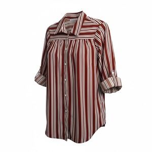 NOTATIONS Womens XL Striped Button Front Roll Tab Sleeve Shirt Rust Orange White